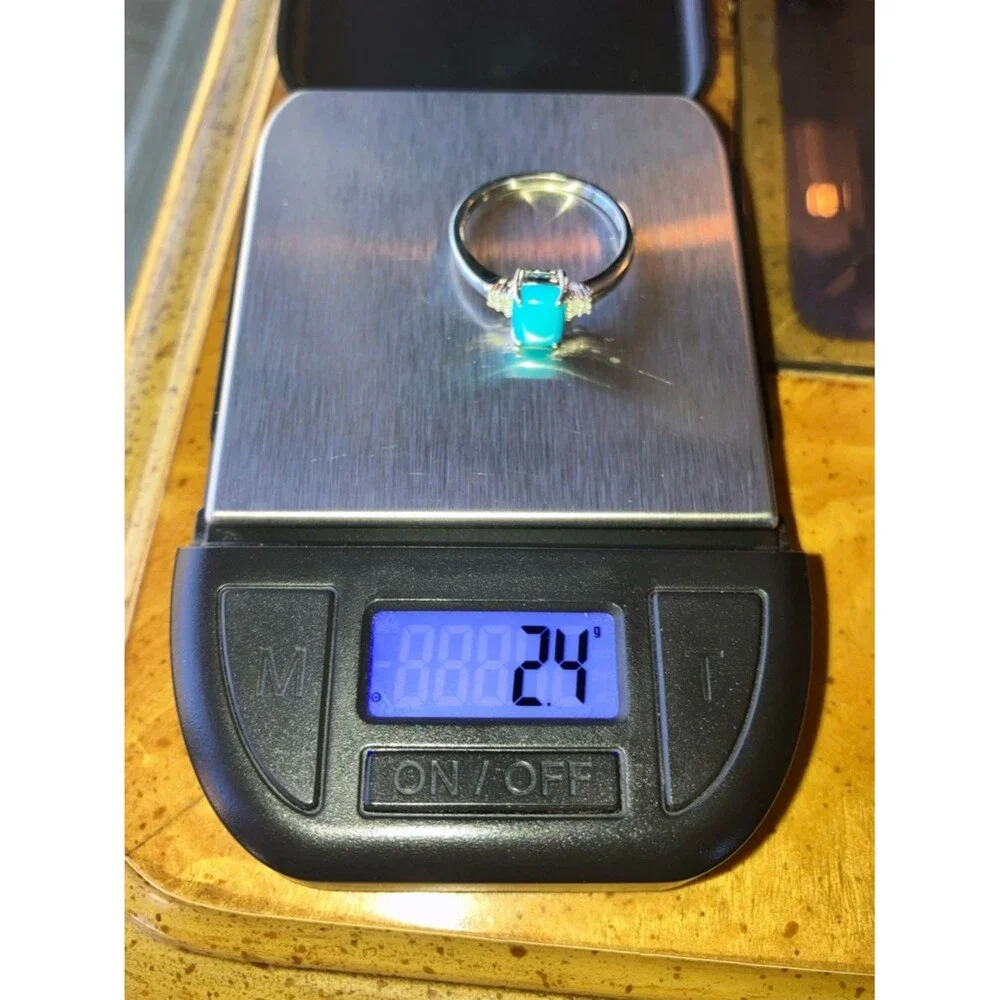 Sleeping Beauty Turquoise White Diamond Sterling Silver Ring Size 8.75